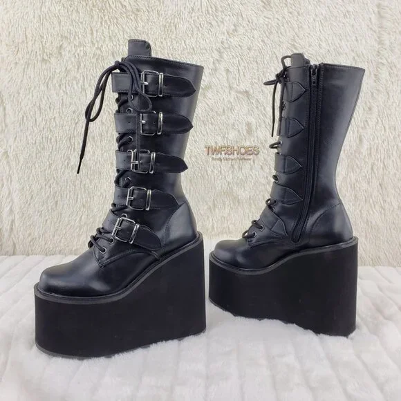 Swing 220 Multi Buckle Black Matte Leatherette Goth Mid-Calf Boot 5.5" Platforms - Picture 9 of 13